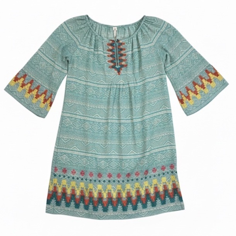 Uncle Frank Turquoise‎ Geometric Embroidered Bell Sleeve Dress Flowy Sz L